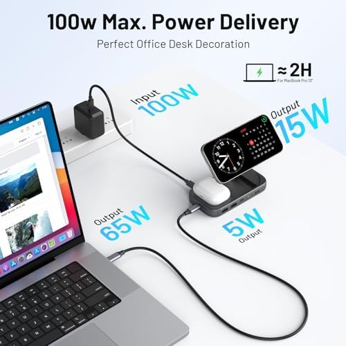 Upgrade Your Mac Book Experience with the Selore USB C Hub: 4 K HDMI Dock, 100 W Rapid Power Delivery, Qi2 Wireless Charging, 10 Gbps High-Speed Data Transfer & i Phone Mirroring – The Essential Space-Saving Organizer for Maximum Productivity