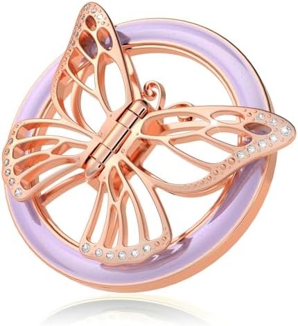 Stylish Magnetic Butterfly Phone Grip for Mag Safe – Silver Bling Kickstand Holder with Universal Adapter Ring for Enhanced Usability – Lightweight & Chic Accessory for Secure Handling and Effortless Viewing Experience