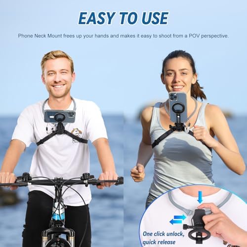 Revolutionary Magnetic Neck Mount for Smartphones – Ultimate POV Phone Holder with Anti-Vibration Chest Strap for Seamless Filming, Compatible with i Phone 12 to 16 Series – Lightweight, Adjustable Comfort for Vloggers and Adventurers