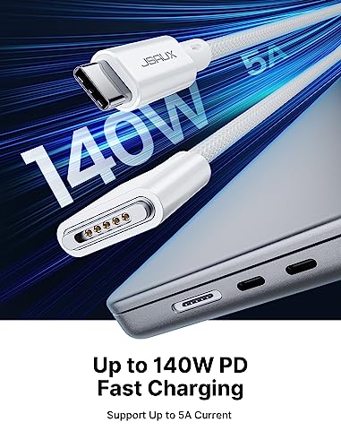JSAUX 140 W USB-C Magnetic 3-in-1 Charging Cable – 10 FT Durable Nylon Braided Design for Mac Book Air & Pro (2023/2022 M2, 2023 M3/2021 M1) – Rapid Power Delivery & Hassle-Free Connectivity for Home, Office, and Travel Use