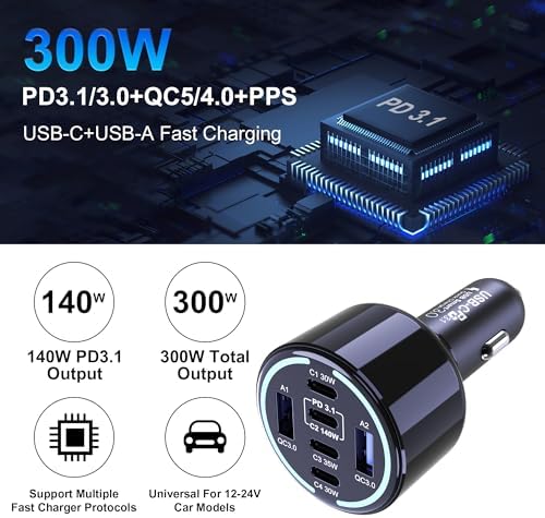 CHIPOFY 300 W USB C Car Charger – 6-Port Super Fast Charging Adapter with 4 USB-C & 2 USB-A Ports for Mac Book, i Phone 16/15 Pro Max, Galaxy S25/S24 Ultra – PD3.1, PPS, Quick Charge Technology for Ultimate Compatibility and Performance on the Go