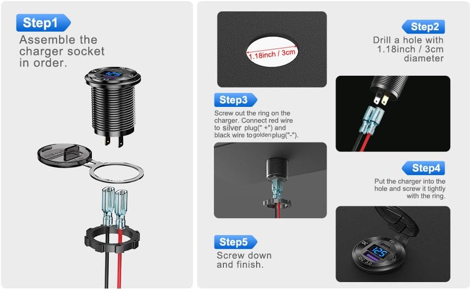 High-Performance 12 V USB C Car Charger Socket – 38 W Waterproof Adapter with PD 3.0 & QC 3.0 for Rapid Device Charging in Cars, Trucks, RVs, and Marine – Features Integrated Power Switch & Voltmeter for Battery Health Monitoring