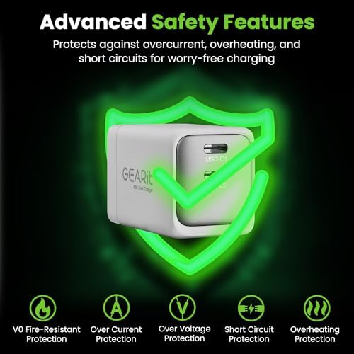 Elevate Your Charging Game with the GEARit 48 W Dual-Port USB C Fast Charger – Cutting-Edge Ga N Technology for Rapid Power Delivery to Apple, Samsung, i Phone, i Pad, and Google Pixel – Compact and Lightweight Design for Ultimate Portability – Power Up Two Devices Simultaneously with Advanced PD 3.0 and PPS Features for Unmatched Efficiency and Reliability – Perfect for Travelers and Tech Enthusiasts Seeking Superior Charging Solutions.