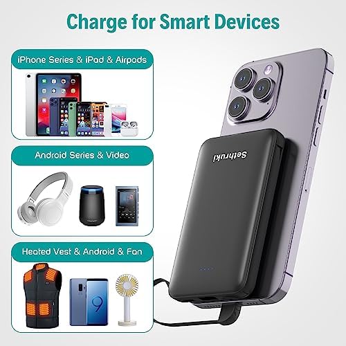 Ultra-Slim 6000 m Ah Portable Charger with Built-in Cables – Lightweight Fast Charging Power Bank for i Phone, Samsung, and Android Devices – Perfect Travel Companion for On-the-Go Power Solutions