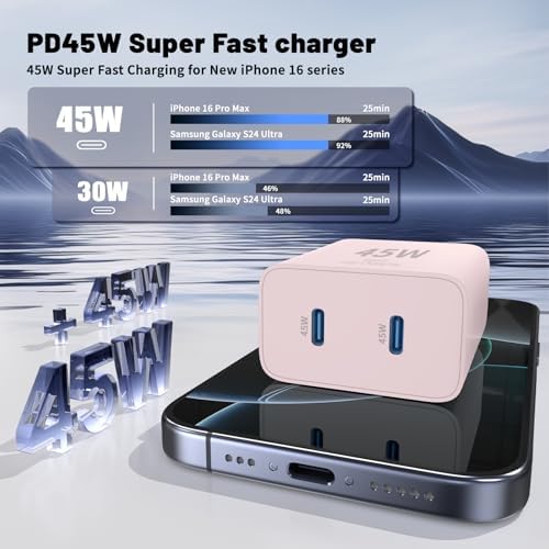 Ultimate Fast Charging Solution for i Phone 16/15 Pro Max – 45 W Dual Port USB-C Charger Block (2-Pack) with Extra Long 60 W Cables – PD Quick Adapter 3.0 for Enhanced Device Compatibility and Speed – Perfect for Home or On-the-Go Charging