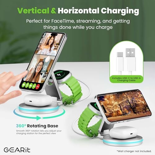 Revolutionary 3-in-1 Wireless Charging Station for i Phone, Apple Watch & Air Pods – Magsafe-Compatible Fast Charger with Enhanced Safety Features and Sleek Rotatable Design for All Devices, Including Samsung Galaxy – Elevate Your Tech Setup with Style and Efficiency