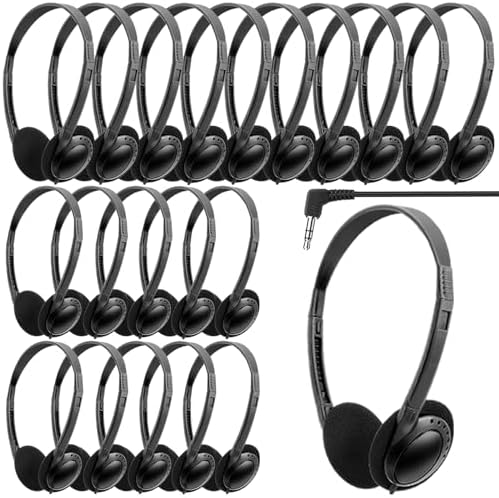 Bulk Classroom Headphones 25 Pack – Premium Durable Wired Earphones for Enhanced Student Learning, Comfortable Fit for Kids and Adults – Superior Sound Quality for Educational Use (HY103, 25 Black)