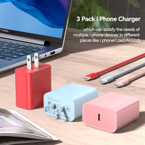 Vibrant 3-Pack 20 W USB-C Fast Charging Blocks with 10 FT Cable – Stylish Power Solution for i Phone 16/15 Pro & i Pad in Blue, Pink, and Red – Ultimate Compatibility and Convenience for Rapid Charging Needs