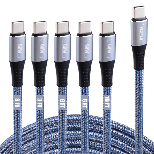 Premium USB C to USB C Cable Bundle: 5 Durable Braided Cords (10 ft, 6 ft, 3 ft) for Rapid 60 W Charging & Efficient Data Transfer – Perfectly Compatible with Samsung Galaxy S24/S23/S22 & i Phone 15 Pro Max – Versatile Lengths for Home, Office, and Travel – Tangle-Free Design for Seamless Connectivity Across All Devices