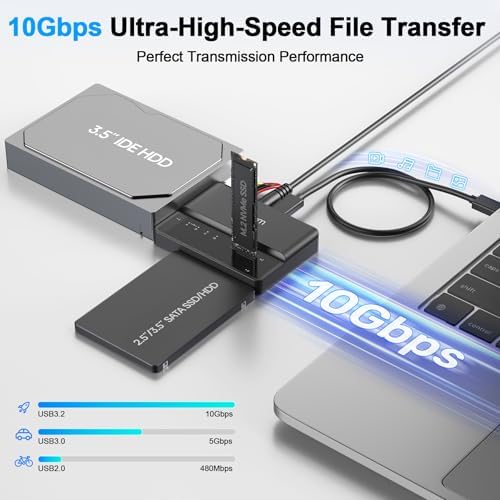 Alxum 3-in-1 High-Speed Tool-Free SSD Enclosure – Versatile USB 3.2 Type C Adapter for NVME, SATA, and IDE Drives – Supports 2230/2242/2260/2280 SSDs & 2.5″/3.5″ HDDs – Ultimate Solution for Rapid Data Transfer and Enhanced Compatibility