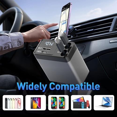 High-Performance 120 W Retractable Car Charger Adapter – Fast Charging Solution with 2.6 ft Cables, 180° Adjustable Design, and Real-Time Voltage Display for Ultimate Device Compatibility and Convenience
