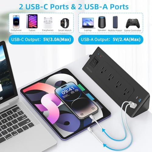 Maximize Your Workspace with Our Desk Clamp Power Strip Featuring USB C – 4 Outlets, 4 USB Ports, and 6.5 ft Flat Plug Extension Cord for Effortless Charging – Secure, Space-Saving Surge Protector for Tabletops Up to 2.2 Inches Thick, Sleek Black Finish Ideal for Home and Office Use, Enhanced Charging Speed and Device Compatibility