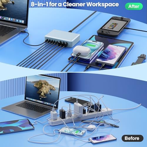 Revolutionary 300 W Ga N IV Technology USB-C Charging Hub – 8-Port Multi-Device Charger for Mac Book Pro/Air, DELL Laptops, i Phone 16/15/14 & Galaxy S25 – Sleek Navy Finish for Enhanced Home & Office Efficiency – Your Premier Solution for Rapid Device Power and Seamless Connectivity