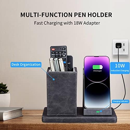 Sleek Marble Finish Wireless Charging Station with Desk Organizer – Fast Qi-Certified Charger for i Phone 13/12/11 Series, Effortless Device Power-Up & Luxurious Leather Accents for an Organized Workspace