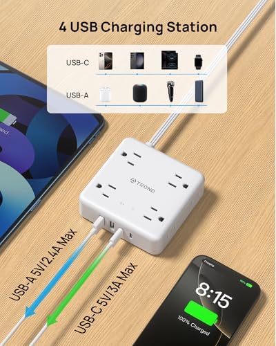 TROND 360° Rotating Plug Power Strip with 5 FT Flat Cord – 4 AC Outlets & 4 USB Ports (2 USB-C) – Wall Mount Surge Protector with 1440 Joules Safety Rating – Ultimate Travel & Home Charging Solution for Electronics and Devices