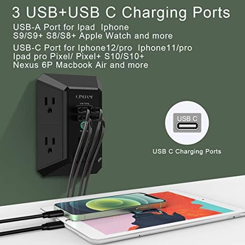 QINLIANF 5-Outlet USB Wall Charger with Surge Protection – 4 USB Ports (4.8 A Total) Power Strip Extender, 3-Sided Design for Easy Access, 1680 J Surge Defense, Compact Multi-Plug Adapter for Home, Travel, and Office Use – Elevate Your Charging Experience with Versatile Compatibility and Safety