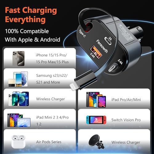 Ultimate 4-in-1 Fast Car Charger with Retractable Cables – PD 63 W Dual USB Adapter for i Phone 15/14/13, Samsung, i Pad, and Pixel – Sleek Black Design for Enhanced Compatibility and On-the-Go Efficiency