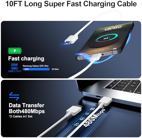 High-Speed 25 W Type C Wall Charger for Samsung Galaxy S25 Series – Includes Dual 10 FT USB-C Cables for Enhanced Flexibility and Safety – Lightning-Fast Charging with Compact Design for Travel Enthusiasts and Everyday Users