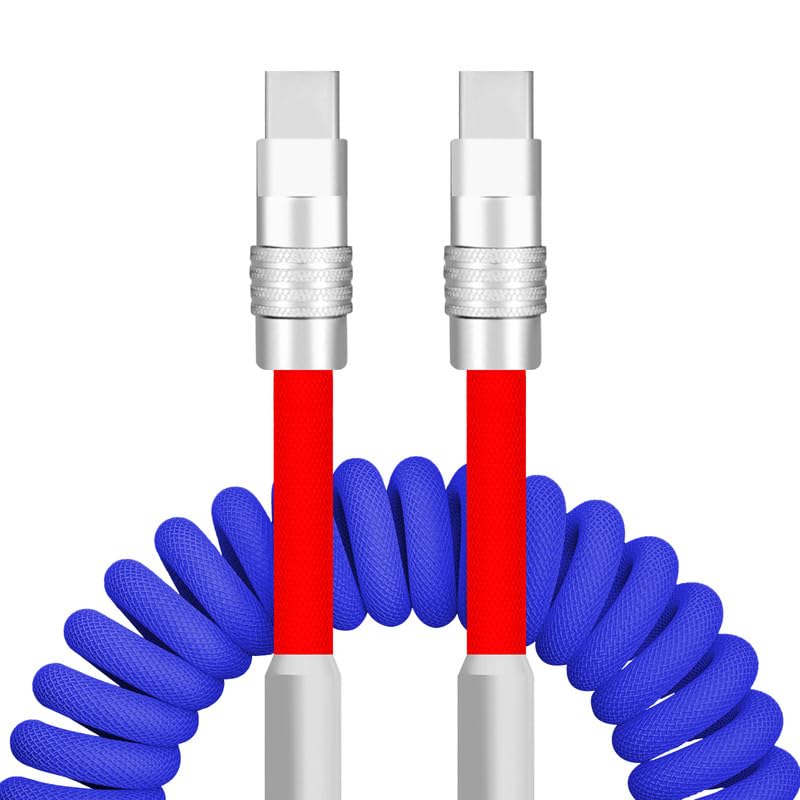 Dynamic Curly Chubby Coiled USB C Cable: 240 W Fast Charge Retractable Spiral Braid Cord for Carplay & Android Auto, Versatile Length 2.29 FT to 3.6 FT, Sleek Black and Red Design, Enhanced Compatibility for All USB-A to Type-C Devices