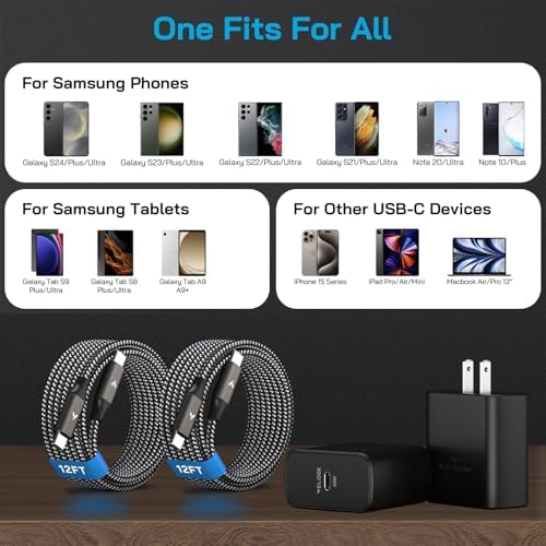 45 W Ultra-Fast USB-C Charger & 12 FT Cable for Samsung Galaxy Devices – Premium Charging Block for S25, S24, S23, and Tab S9/S8 Ultra – Enhanced Speed, Safety, and Portability for Ultimate Device Efficiency