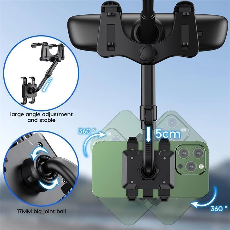 Revolutionize Your Commute with the 360-Degree Rearview Mirror Phone Holder – Advanced Multifunctional Car Mount for Effortless Navigation, Hands-Free Calls, and Music Control – Secure, Easy-to-Install Accessory Compatible with All Smartphones
