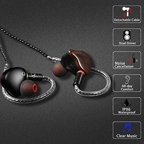 Premium Hi-Fi Dual Driver In-Ear Monitor Earbuds with Detachable Cable – Noise-Canceling Headset for Musicians, Singers & Audiophiles | Elegant Wood Grain Design for Superior Sound Isolation and Versatile Compatibility