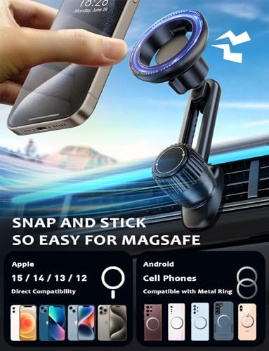 Tryone Mag Safe Air Vent Phone Holder: Ultra-Secure Magnetic Mount for i Phone 15/14/13/12 Pro Max & Universal Smartphones – 20 Strong Magnets for Clear Visibility & Fast Attachment – Streamlined Design for Enhanced Driving Experience