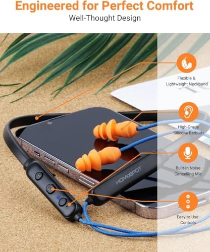 Transform Your Listening Experience with Home Spot Wireless Neckband Headphones – OSHA-Compliant Noise Isolation with Qualcomm apt X HD, 27 d B NRR, and CVC Microphone for Clear Communication – 20-Hour Battery Life and Ergonomically Designed Blue and Orange Earbuds for Comfort and Style