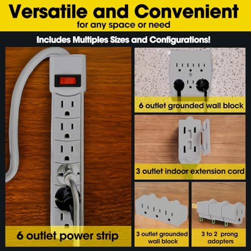 Comprehensive 7-Piece Multi-Outlet Power Management Kit – Versatile 6 Outlet Power Strip, Dual Outlet Extenders, 5 Ft Indoor Extension Cord & 3 Prong Adapters for Enhanced Compatibility – Essential Home & Office Surge Protection Solution in Sleek White Design