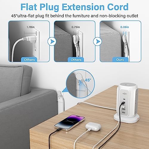 Maximize Your Power Potential with Ai Joy’s Space-Saving Flat Plug Power Strip Tower – 9 Outlets & 5 USB Ports (2 USB-C) for Rapid Charging, 1200 Joules Surge Protection, 6.5 Feet Extension Cord – Ideal for Home, Office, and Dorm Use – Durable, Efficient, and Compact Design for Uncluttered Charging Solutions