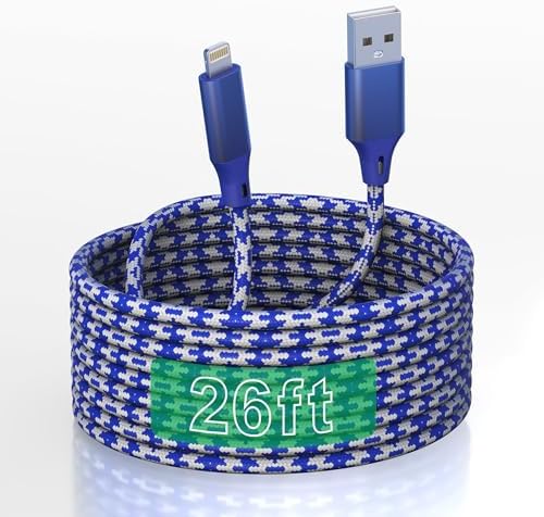 Ultra-Long 26 FT Lightning Charger Cable for i Phone – Apple MFi Certified, Fast 2.4 A Charging, Durable Nylon Braided Design for i Pad/i Pod – Ultimate Flexibility and Performance for Home or Travel Use