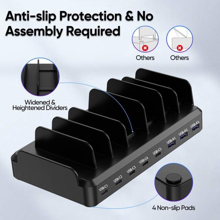 High-Power 300 W Multi-Device Charging Station: 8-Port USB-C Fast Charger Dock with 6 Cables for Mac Book, i Phone 16/15/14/13/12, Samsung, Pixel & i Pad – Sleek White Design for Ultimate Efficiency and Versatility