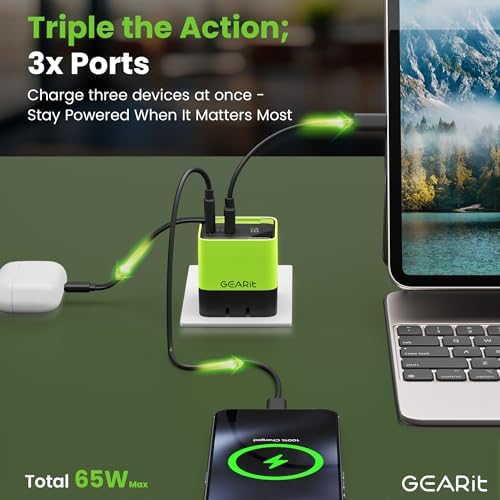 GEARit 65 W Ga N USB-C Charger with Retractable 31.5″ Cable – Dual USB-A & C Ports for Fast Charging of i Phone 15/16, Mac Book Pro/Air, i Pad Pro & Samsung S25 Ultra – Compact, Foldable Design with Power Display for Ultimate Portability and Compatibility