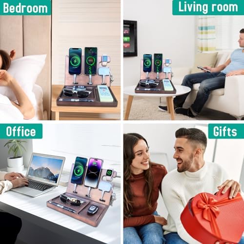 Wooden USB Charging Station for Multiple Devices – Fast Charging Dock with QC3.0 & PD 22.5 W Type-C for i Phone, Samsung, Google Android, Smartwatch, and Earbuds – Perfect Gift for Tech-Savvy Men – Stylish Organization & Enhanced Compatibility