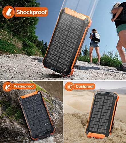 GOODaaa 36,000 m Ah Solar Wireless Power Bank with Built-in 4 Cables, Fast 15 W Charging, 6 Outputs & Dual Flashlights – Ultimate Portable Charger for All Devices with Carabiner for Easy Carrying