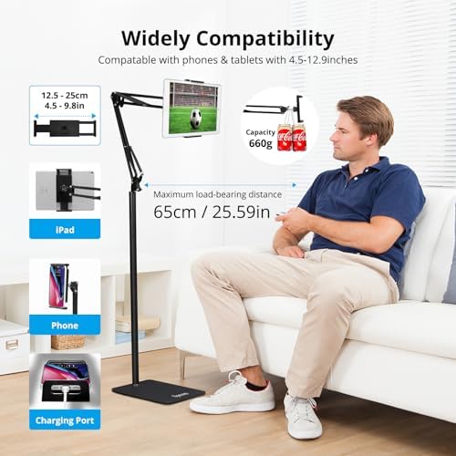 Universal Adjustable Tablet Floor Stand – Versatile 360-Degree Rotating Metal Holder for i Pads, i Phones, and Kindles (4.5-12.9″) – Optimize Your Workspace with a Sturdy, Lightweight Design for Effortless Hands-Free Viewing in Any Setting