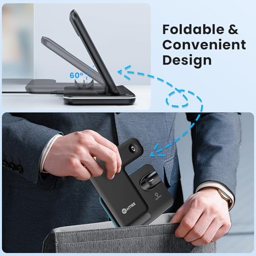 WAITIEE 3-in-1 Wireless Charging Station for i Phone, Apple Watch & Air Pods – Fast, Stylish Blue Charger with Enhanced Compatibility for i Phone 16, 15, 14, 13, 12, 11, X, 8 & Air Pods Pro – Ultimate Travel-Friendly Charging Solution with Safety Features
