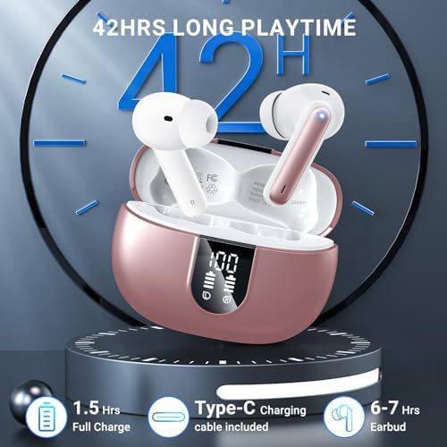Elevate Your Audio Experience with Aoslen Wireless Earbuds – 2024 Hi-Fi Stereo Headphones Featuring 4 ENC Noise-Canceling Microphones, 42-Hour Playtime & Bluetooth 5.3 Connectivity – Perfect for Android & i OS Users, Sleek Design with LED Power Display for Ultimate Convenience