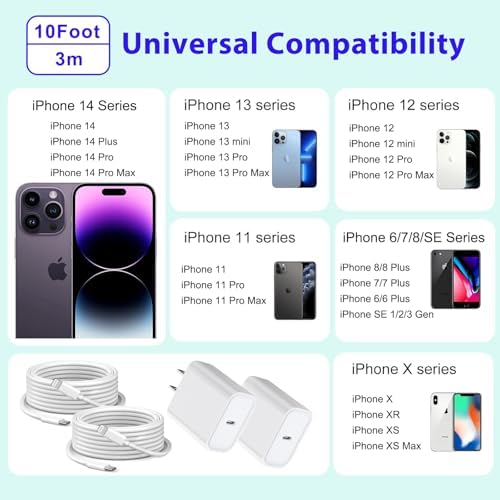 Apple MFi Certified 10 ft Lightning Charger Cable – Dual Pack Fast Charging Cords with USB Wall Adapters for i Phone 14/13/12/11 Pro Max/SE/i Pad – Ultimate Convenience & Speed for All Lightning Devices