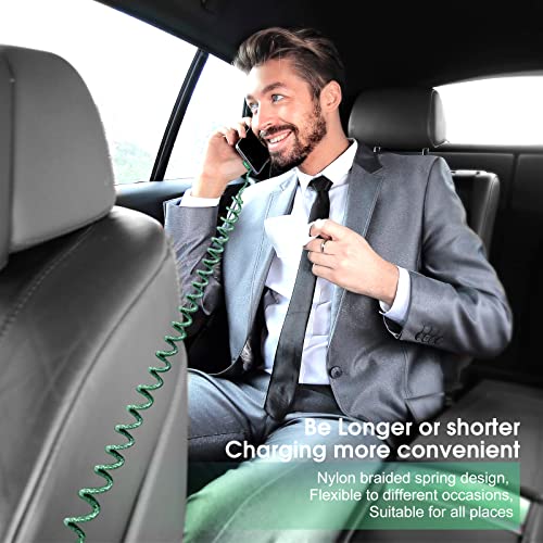 Retractable Green Braided Lightning Cable: 2 ft-8 ft USB-A Fast Charging Cord with Right Angle Connector for i Phone, i Pad, and Air Pods – Ultimate Flexibility and Strength for On-the-Go Charging Solutions