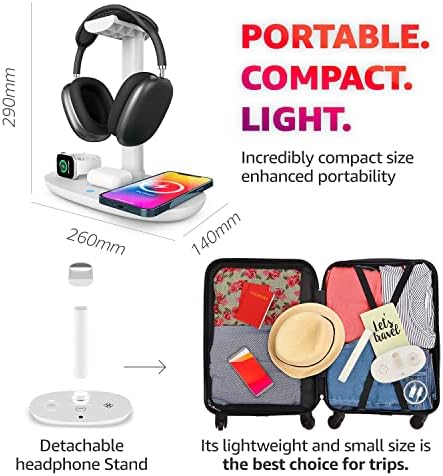 Sleek 4-in-1 Wireless Charging Headphone Stand – Universal Dock for i Phone, Apple Watch, Air Pods, and All Headphone Sizes – Fast Charging Hub for Samsung Galaxy, LG, Huawei – Elegant White Desk Organizer for Tech Enthusiasts