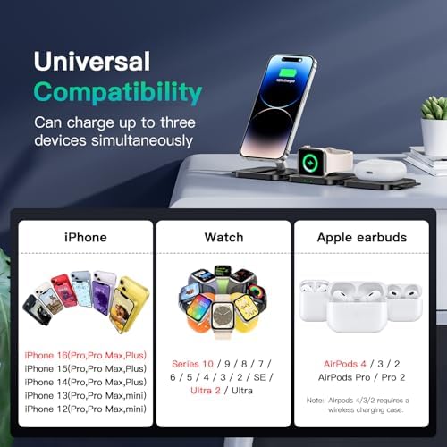 Versatile 3-in-1 Magnetic Charging Station: Travel-Friendly Wireless Charger for i Phone 16/15/14/13/12, Apple Watch & Air Pods 4/3/2 – Foldable & Chic Pink Design for Seamless Power on the Go – Enhanced Speed & Compatibility for All Your Apple Devices