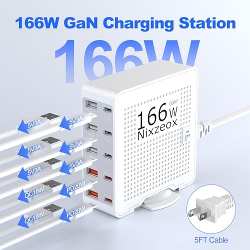 High-Speed 10-Port USB C Charging Station – 166 W Ga N Wall Charger with PD 20 W & QC 18 W for i Phone 15/14/13/12/11, i Pad, Samsung, Pixel 5 – Compact White-Silver Design for Universal Device Charging Convenience