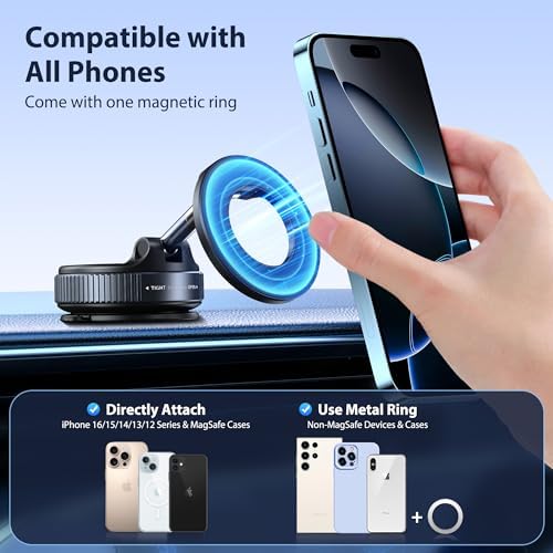 CreaDream Car Phone Mount for Magsafe, Ultra Strong Vacuum Magnetic Suction Cup Cell Phone Holder with 360° Rotation, Foldable Phone Holders for Your Car, Car Accessories for All Smartphones（Black） – Enhanced Compatibility and Speed