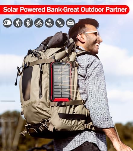 GOODaaa 36,000 m Ah Solar Wireless Power Bank with Built-in 4 Cables, Fast 15 W Charging, 6 Outputs & Dual Flashlights – Ultimate Portable Charger for All Devices with Carabiner for Easy Carrying