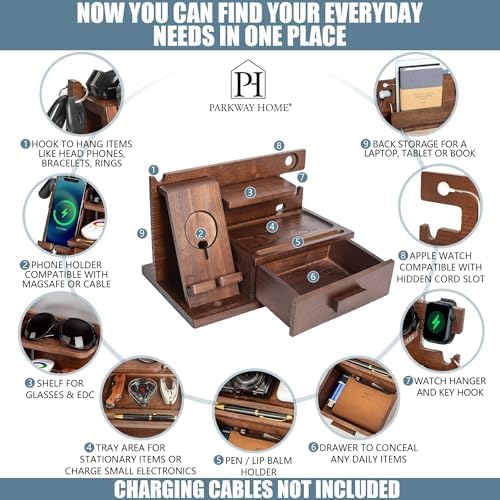 Black Wood Phone Docking Station with Drawer, Compatible with Apple Watch – Wood Charging Station Organizer Stand, Bedside Nightstand Organizer for Men, Holds, Tablet, Glasses, Keys, EDC – Enhanced Compatibility and Speed