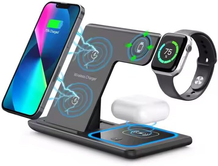 Ultimate 3-in-1 Foldable Wireless Charging Dock for Apple Devices with Built-In LED Night Light – Fast, Compact, and Stylish Charger for i Phone, Apple Watch, and Air Pods – Perfect for Home and Travel – Sleek White Finish for Modern Aesthetics and Organized Spaces