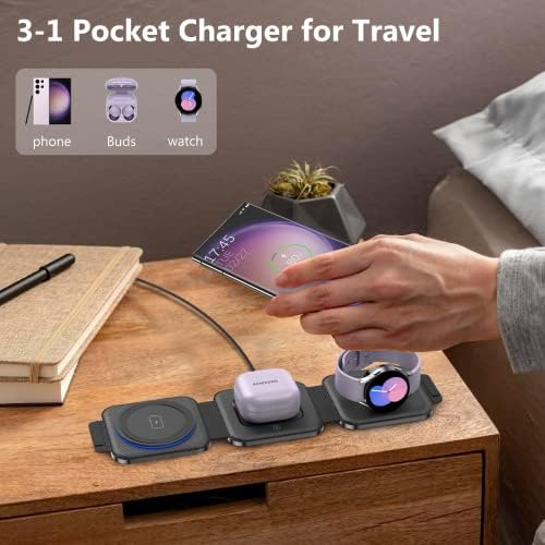 Ultimate Travel Charger for Samsung Devices – 3-in-1 Wireless Charging Station with Foldable Design for Fast Charging Galaxy S Series, Galaxy Watch & Galaxy Buds – Enhanced Portability and Intelligent Safety Features