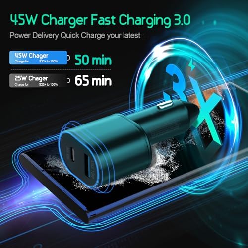 Samsung Super Fast Dual Port Car Charger with 45 W & 15 W Outputs – Includes Premium Fast Charging Cable for Galaxy S25, S24, S22, S21, S20 Ultra Plus, Note 10+, Pixel & Note 20 – PPS Technology for Maximum Charging Efficiency on the Go