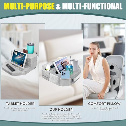 Octagonal Memory Foam Couch Cup Holder Tray Pillow – Versatile Caddy for Drinks, Snacks & Devices – Perfect for Sofa, Bed, RV & Car Travel – Soft Grey Fabric for Comfort & Style – Ultimate Accessory for Organized Relaxation